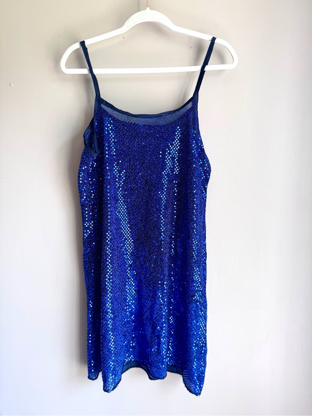 Blue Sequin Semi Sheer Slip Mini Dress Party New Years Spaghetti Strap S M - Picture 2 of 8